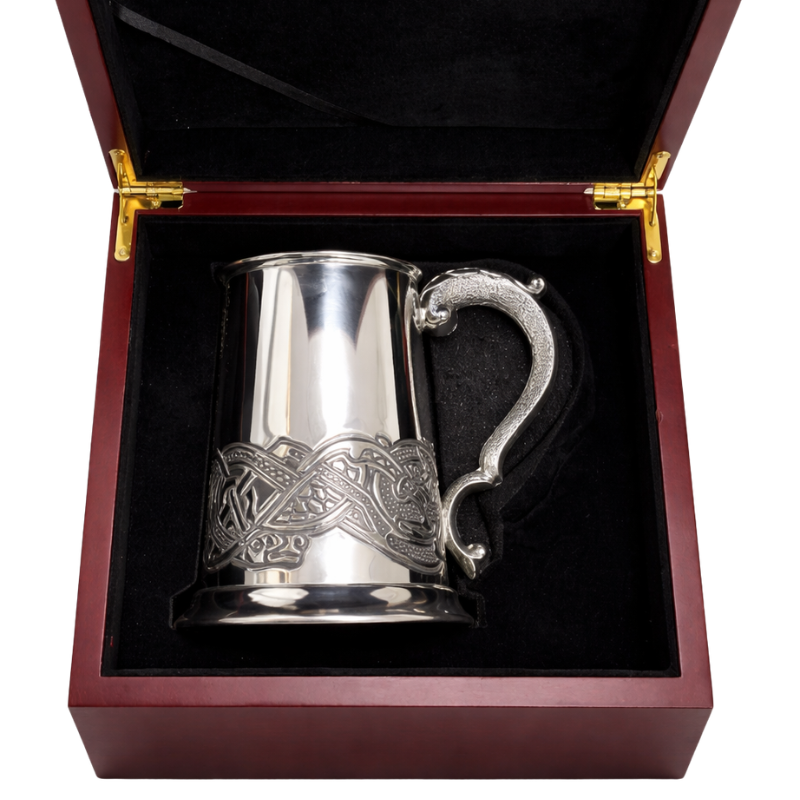 1 Pint Pewter Beer Mug Tankard with Intricate Celtic Design in Wooden Gift Box
