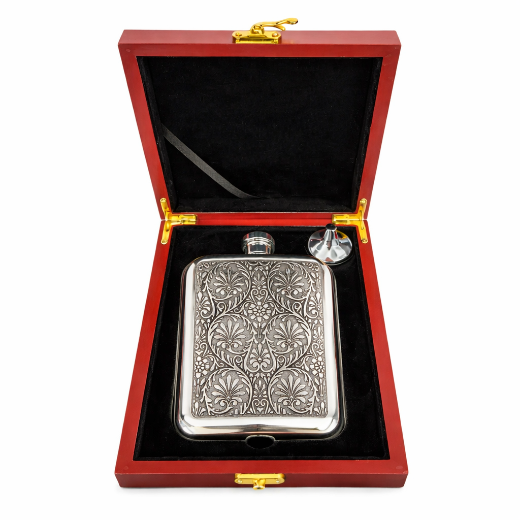 6oz Pewter Hip Flask with Victorian Floral Design in Wooden Gift Box