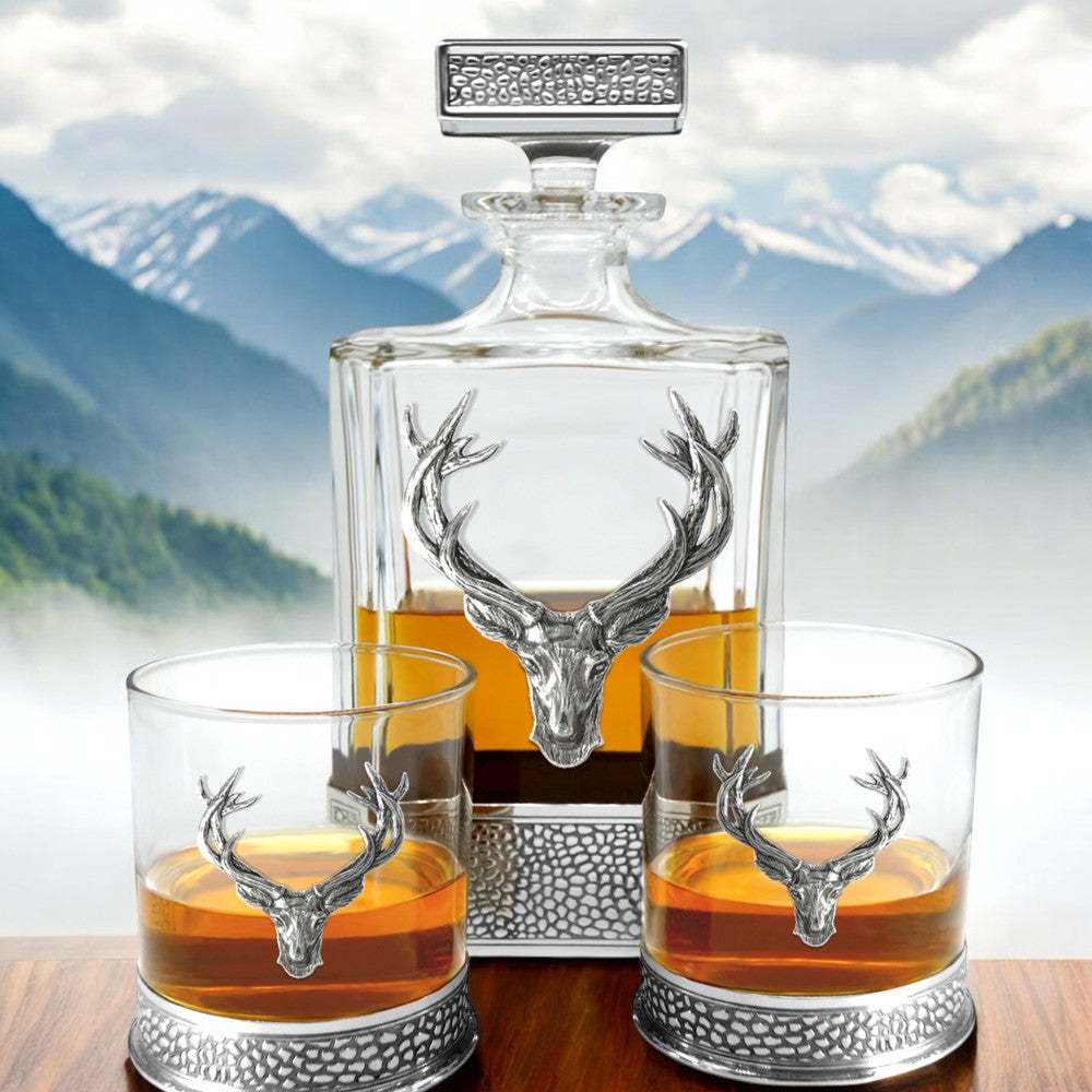 Regal Stag Rectangular Pewter Decanter Set with matching Tumblers
