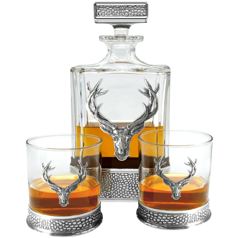 Regal Stag Rectangular Pewter Decanter Set with matching Tumblers