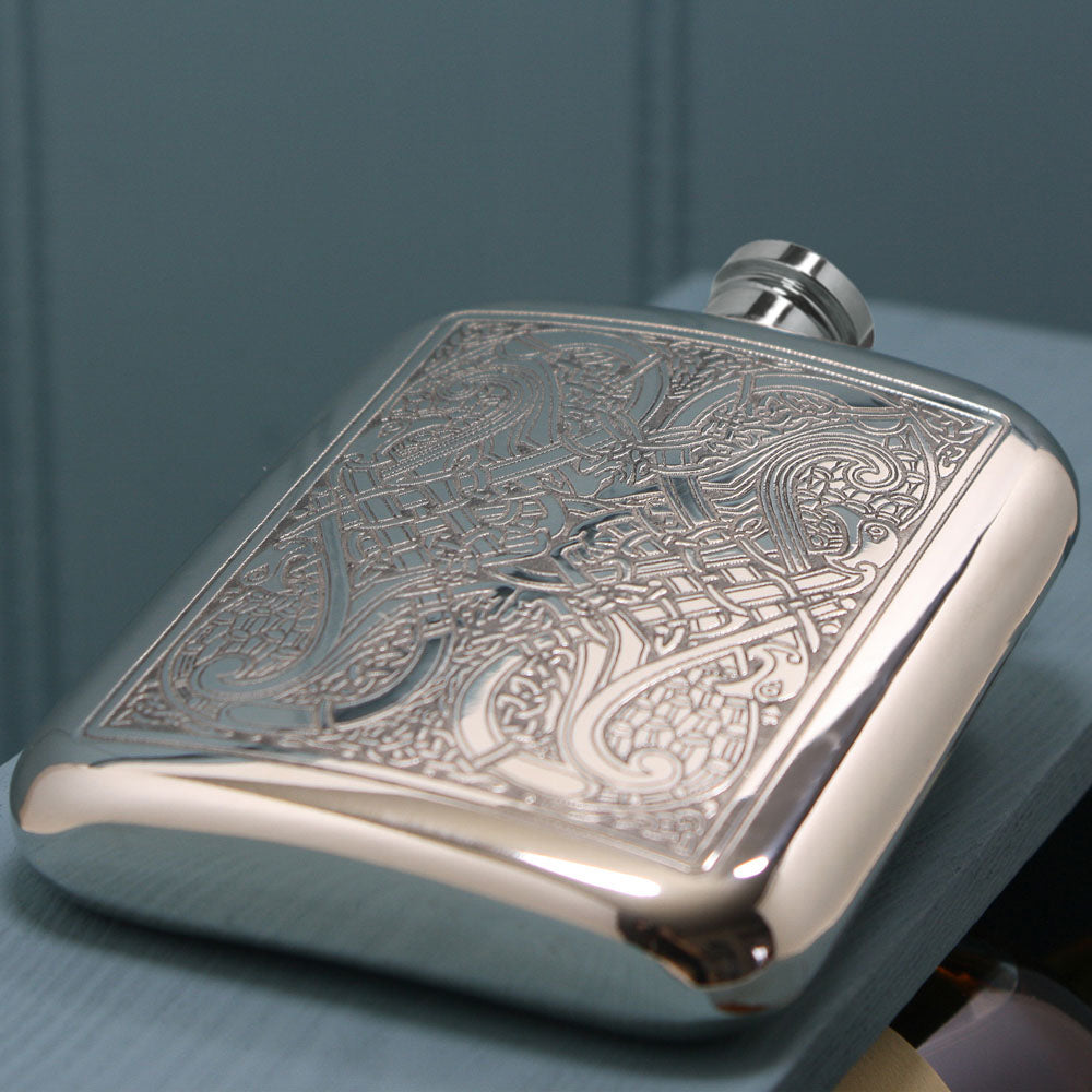6oz Pewter Hip Flask with Intricate Celtic Knot Design in Wooden Gift Box
