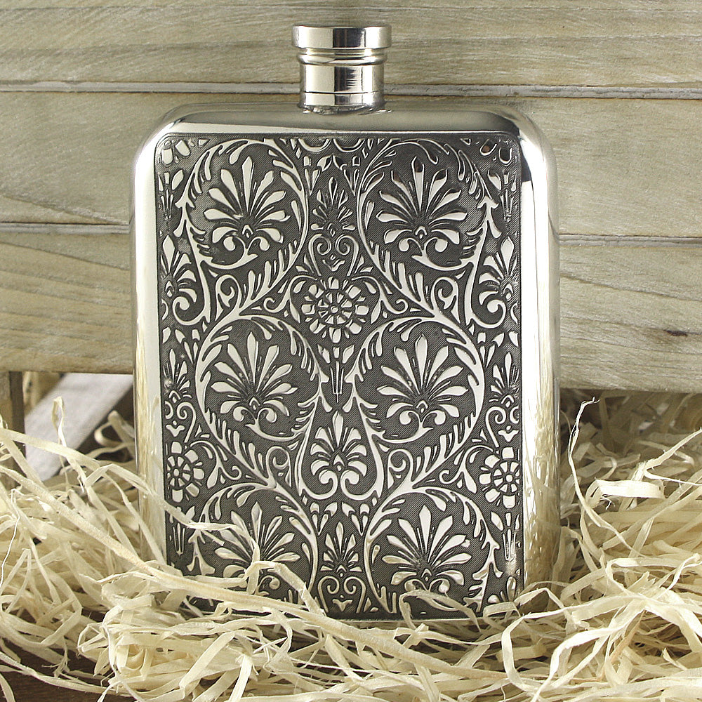 6oz Pewter Hip Flask with Victorian Floral Design in Wooden Gift Box
