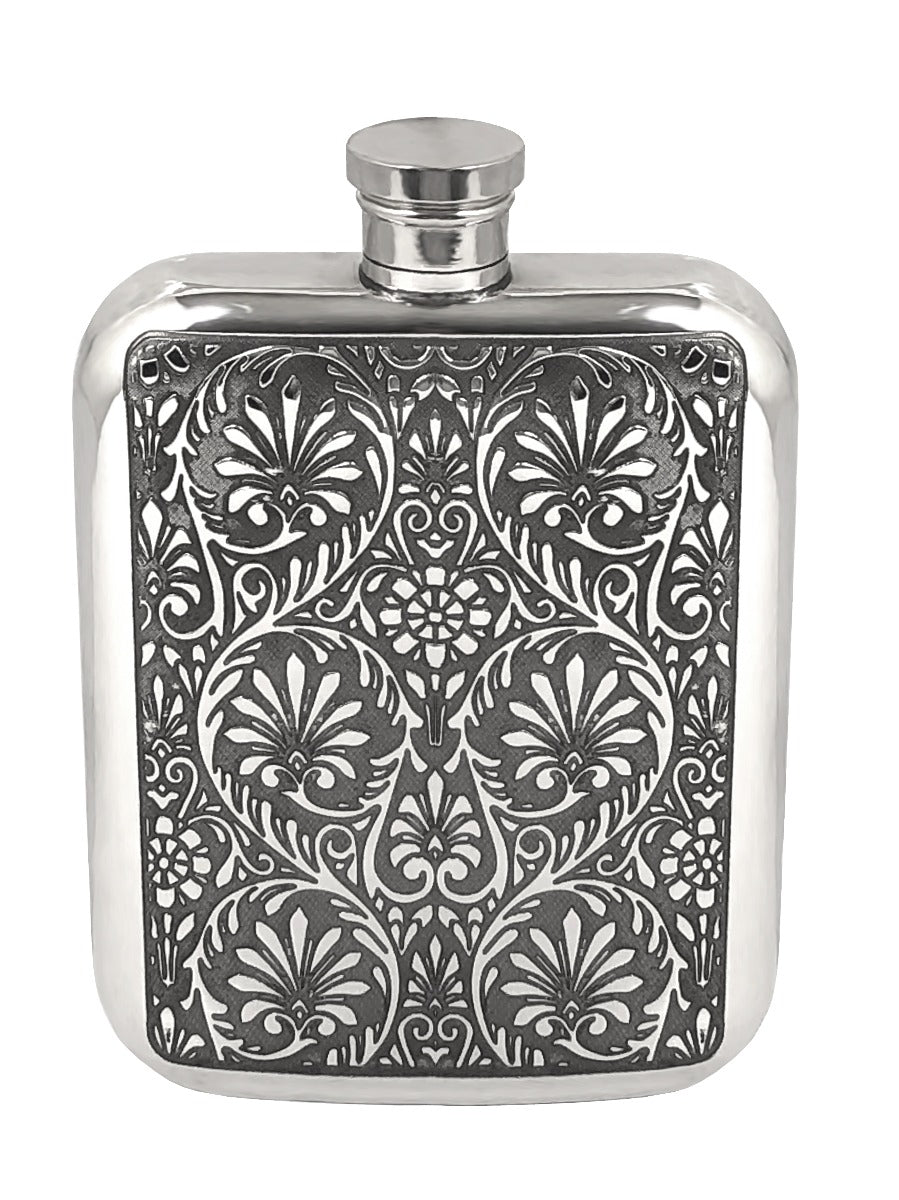 6oz Pewter Hip Flask with Victorian Floral Design in Wooden Gift Box