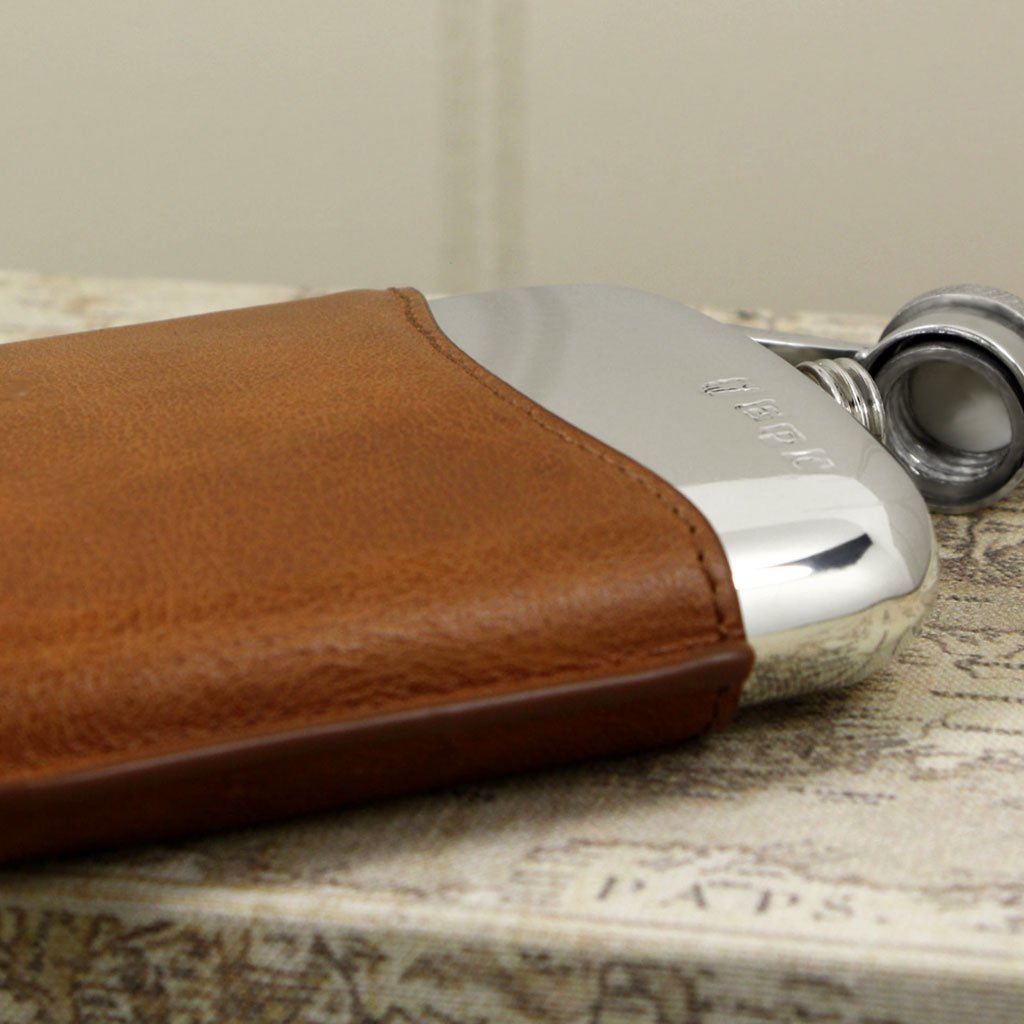 6oz Pewter Hip Flask with Hinged Captive Top & Genuine Tan Leather Pouch