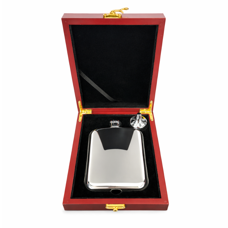 6oz Plain Pewter Hip Flask in Wooden Gift Box