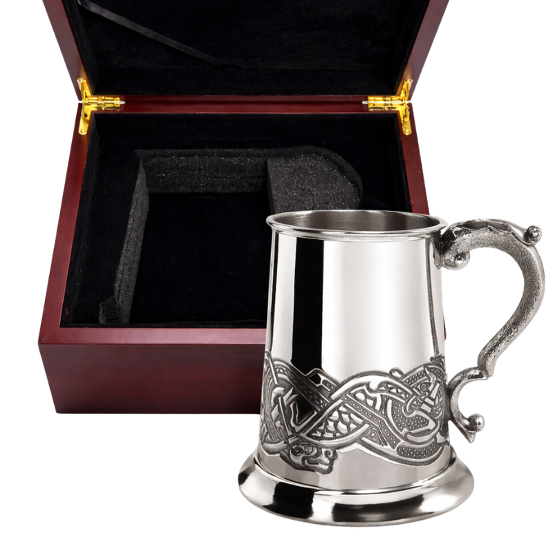 1 Pint Pewter Beer Mug Tankard with Intricate Celtic Design in Wooden Gift Box
