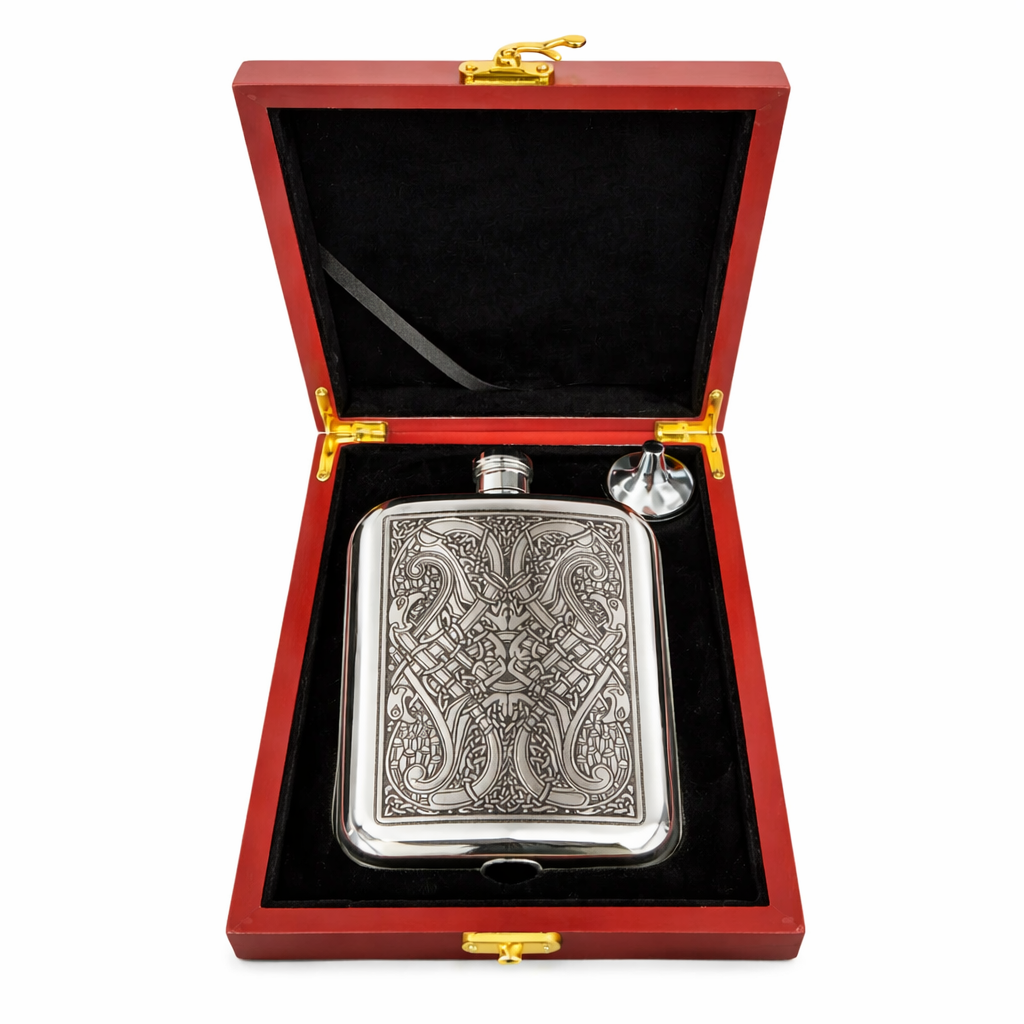 6oz Pewter Hip Flask with Intricate Celtic Knot Design in Wooden Gift Box