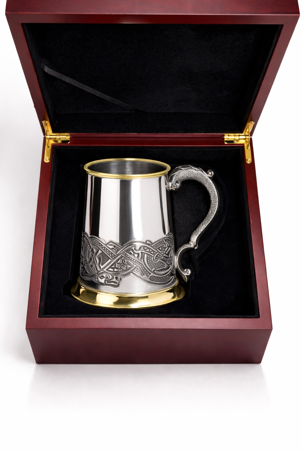 1 Pint Pewter and Brass Beer Mug Tankard With Celtic Design in Wooden Gift Box