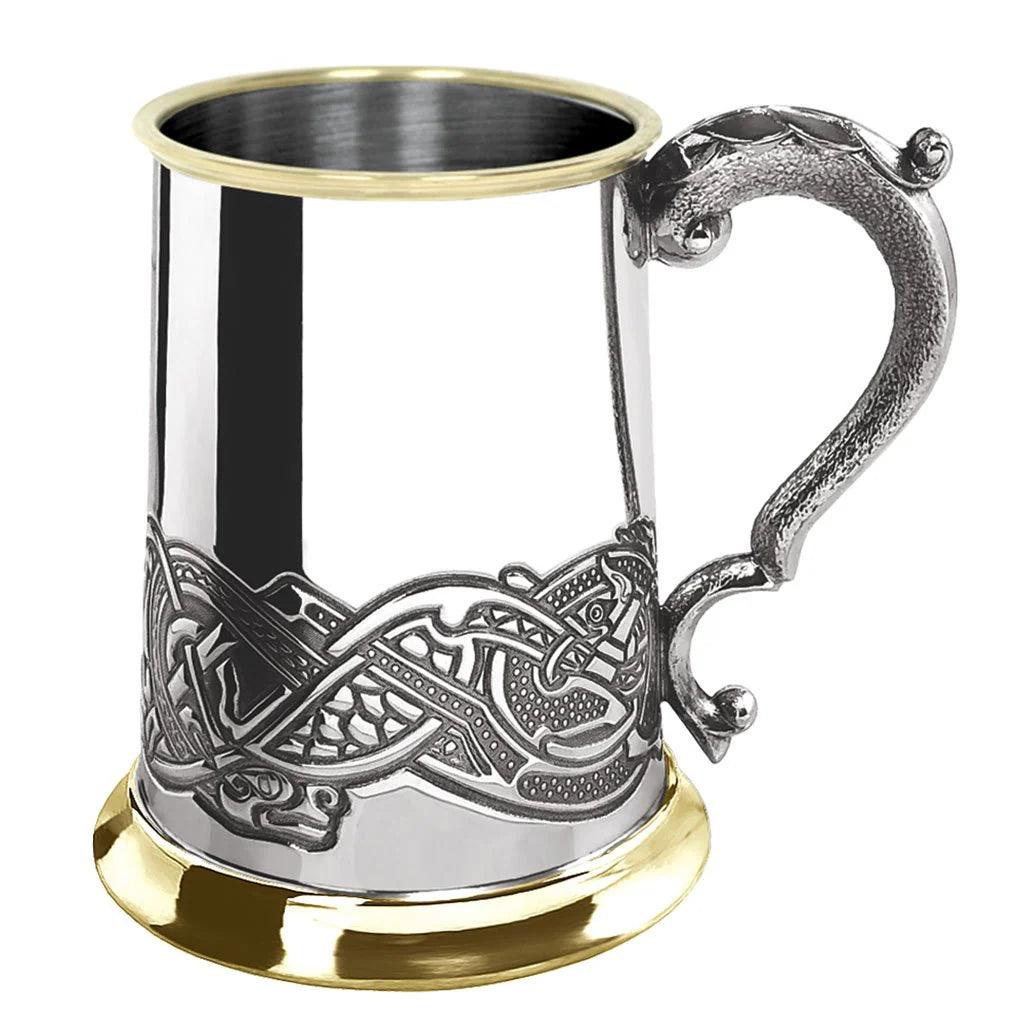 1 Pint Pewter and Brass Beer Mug Tankard With Celtic Design in Wooden Gift Box