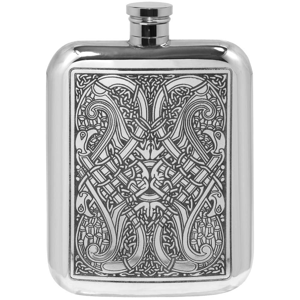 6oz Pewter Hip Flask with Intricate Celtic Knot Design in Wooden Gift Box