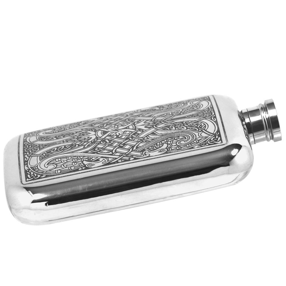 6oz Pewter Hip Flask with Intricate Celtic Knot Design in Wooden Gift Box