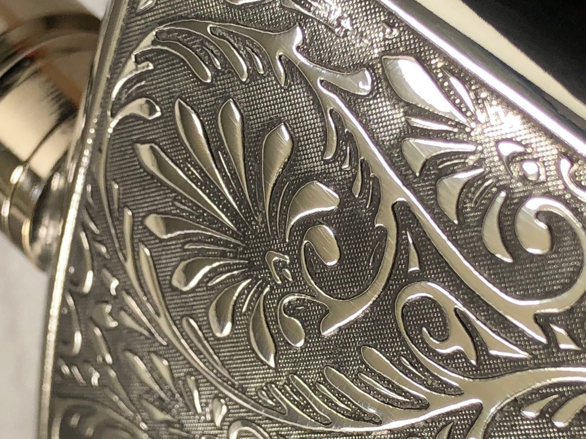6oz Pewter Hip Flask with Victorian Floral Design in Wooden Gift Box
