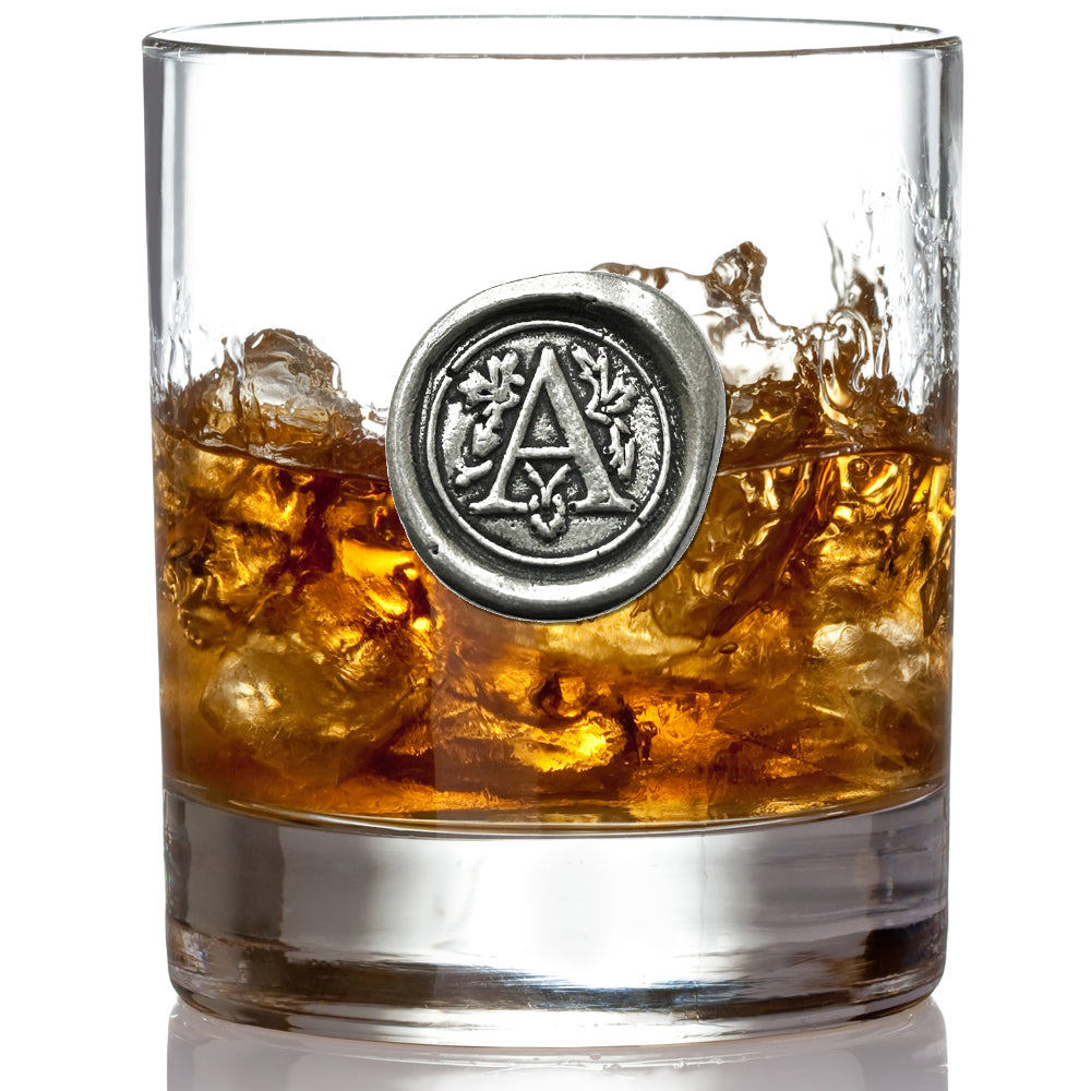 'Initial A' Monogram Whiskey Whisky Glass Tumbler Personalised Gift With Pewter Initial