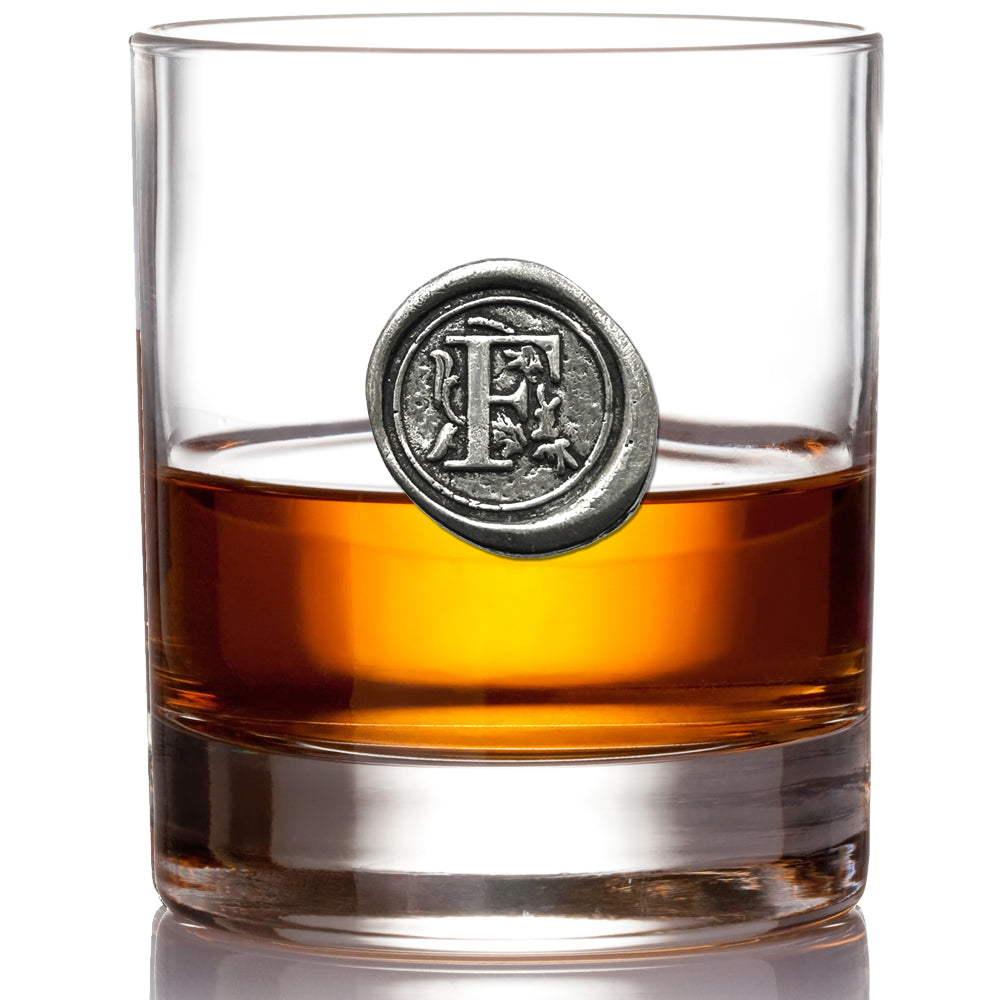 'Initial F' Monogram Whiskey Whisky Glass Tumbler Personalised Gift With Pewter Initial