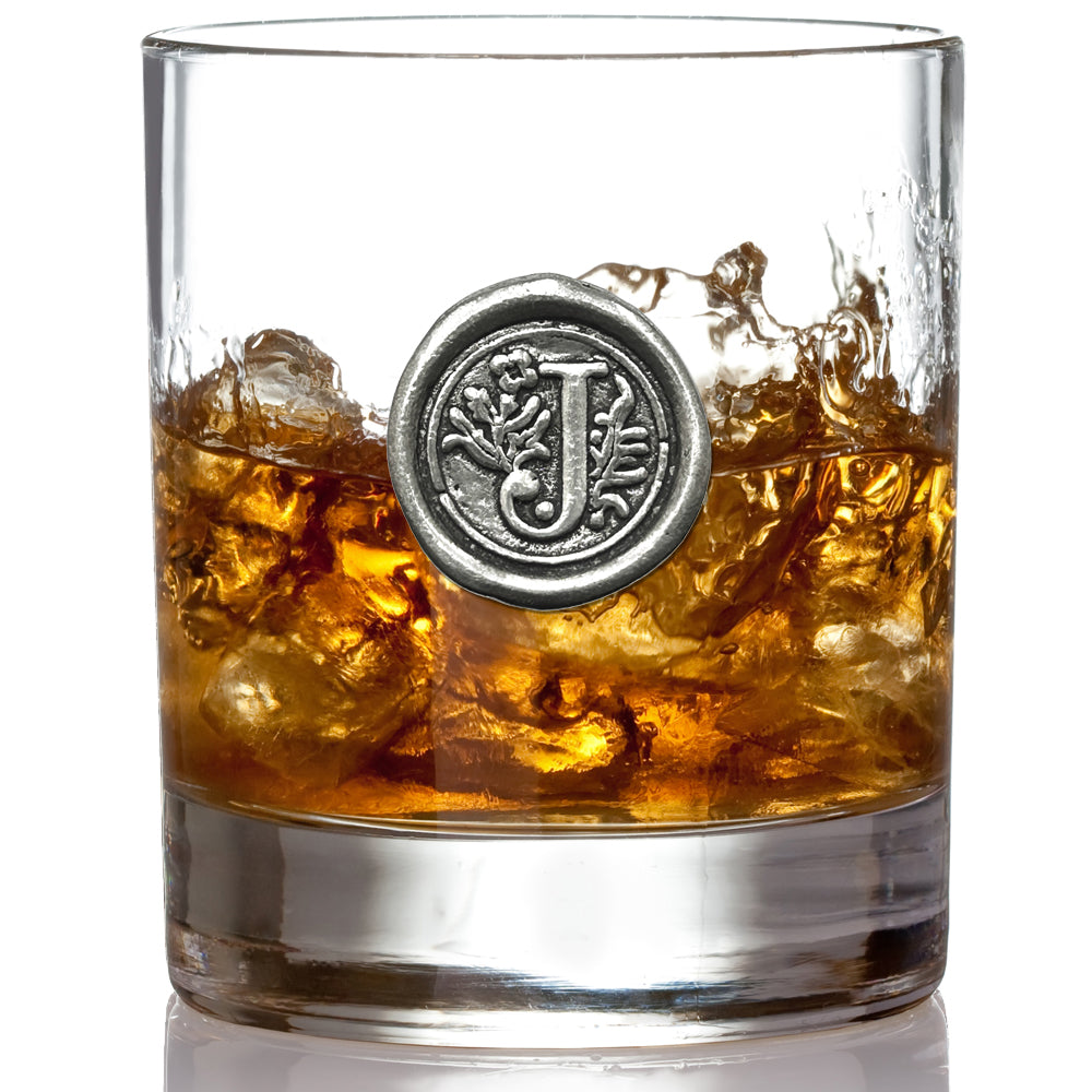 'Initial J' Monogram Whiskey Whisky Glass Tumbler Personalised Gift With Pewter Initial