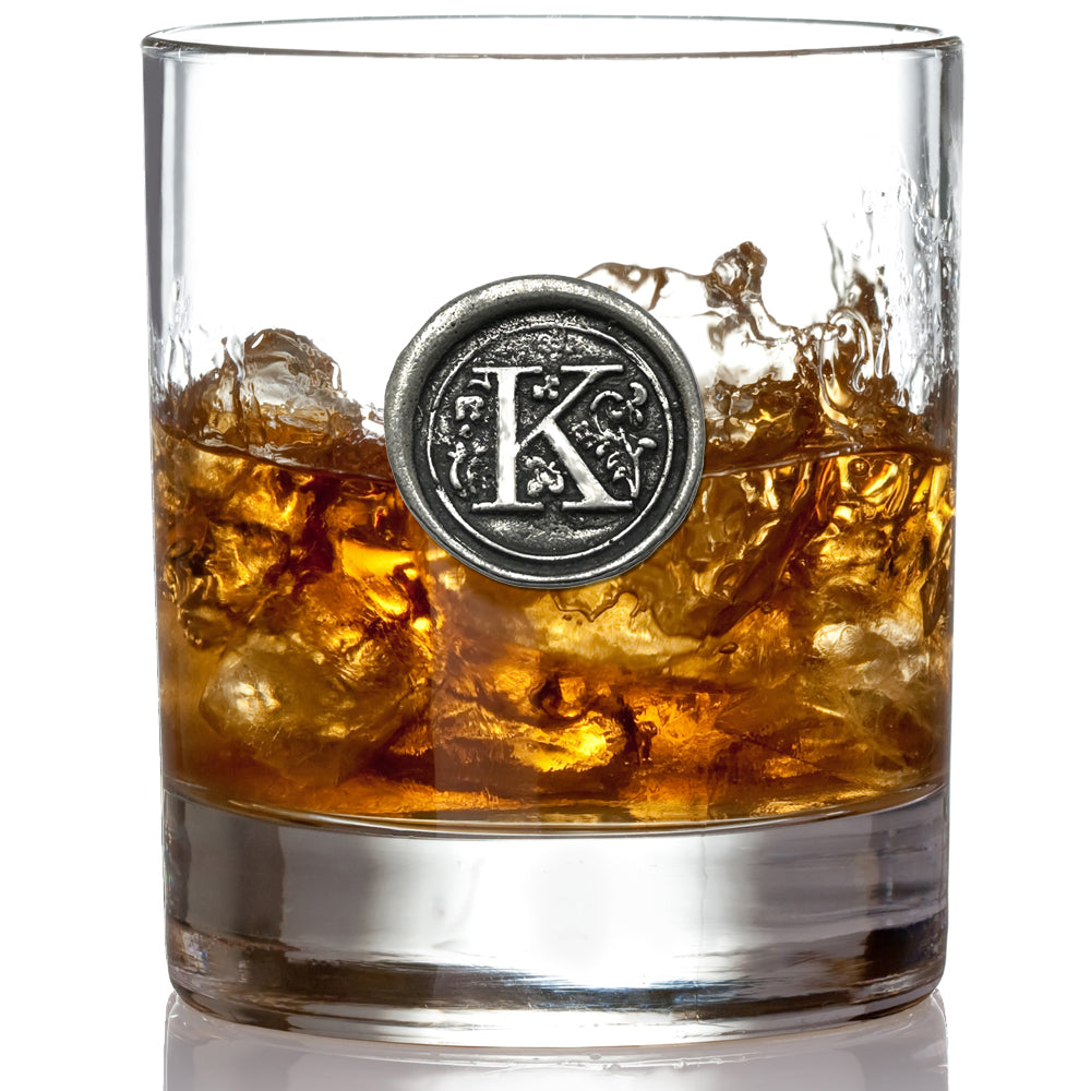 'Initial K' Monogram Whiskey Whisky Glass Tumbler Personalised Gift With Pewter Initial