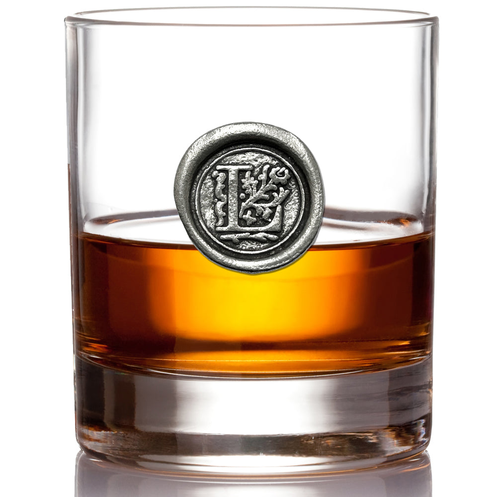 'Initial L' Monogram Whiskey Whisky Glass Tumbler Personalised Gift With Pewter Initial