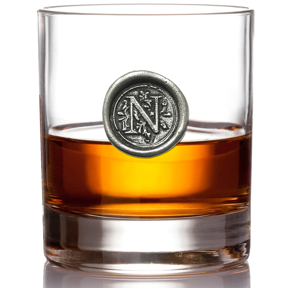'Initial N' Monogram Whiskey Whisky Glass Tumbler Personalised Gift With Pewter Initial