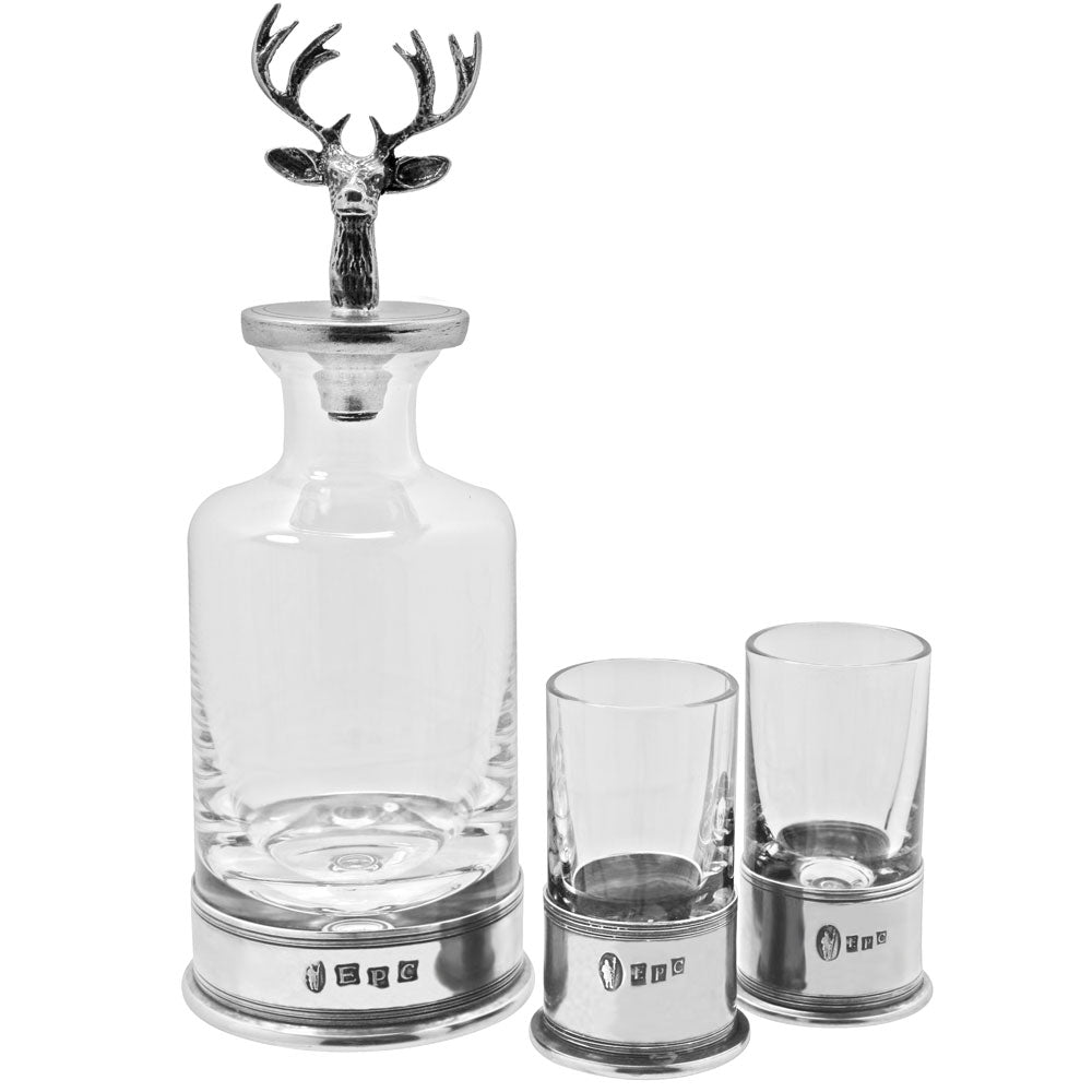 PRE - ORDER: Whisky, Wine & Spirit Stag Head Pewter & Crystal Mini Decanter Set With Shot Glasses
