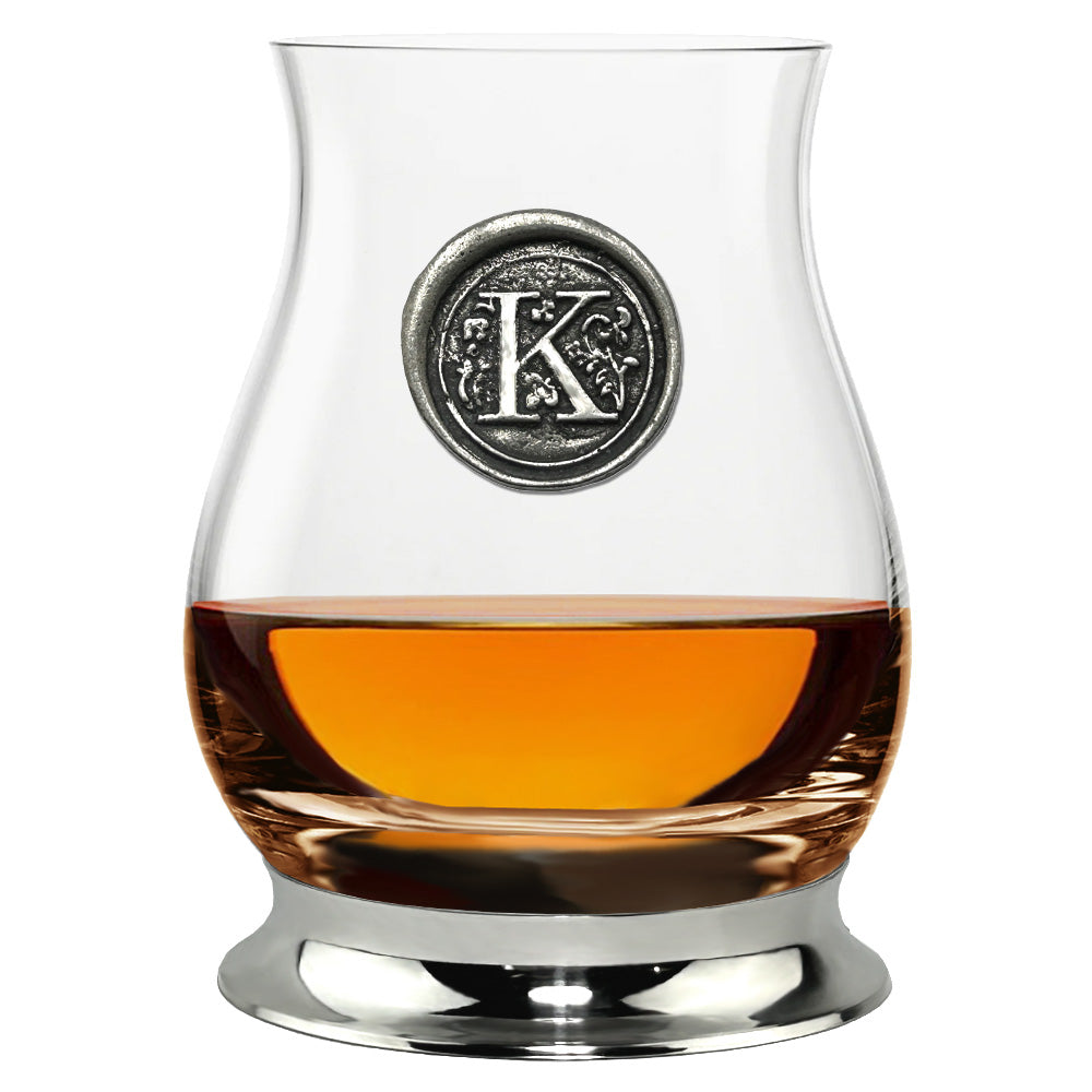 'Initial K' The Glencairn Whisky Mixer Glass with Pewter Monogram Initial 350ml