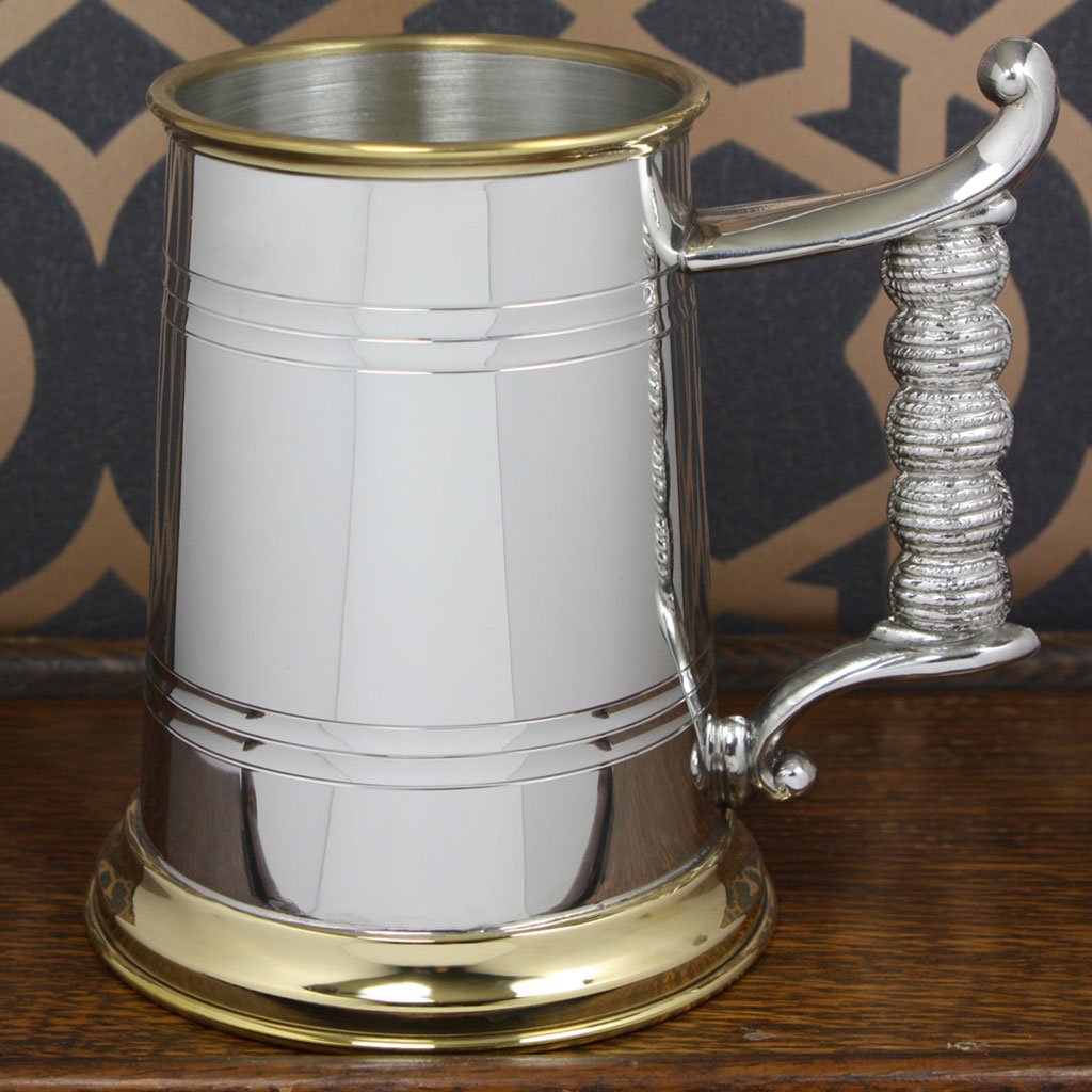 1 Pint Pewter and Brass Beer Mug Tankard With Elegant Rope Style Handl ...