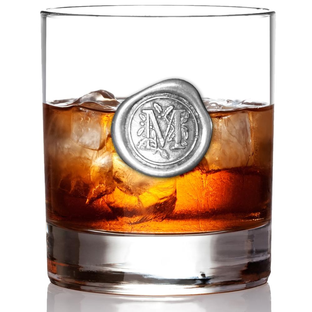 'Initial M' Monogram Whiskey Whisky Glass Tumbler Personalised Gift With Pewter Initial
