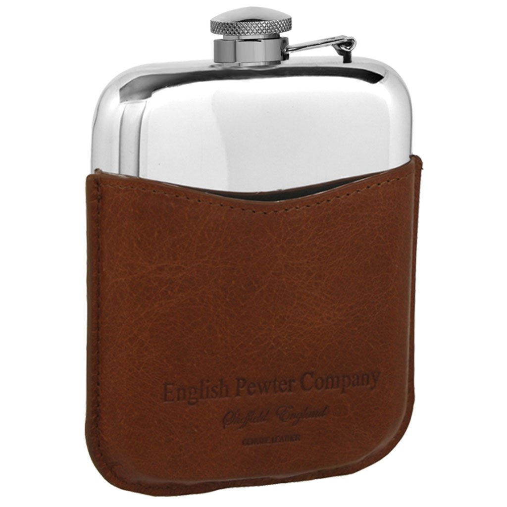 6oz Pewter Hip Flask with Hinged Captive Top & Genuine Tan Leather Pouch