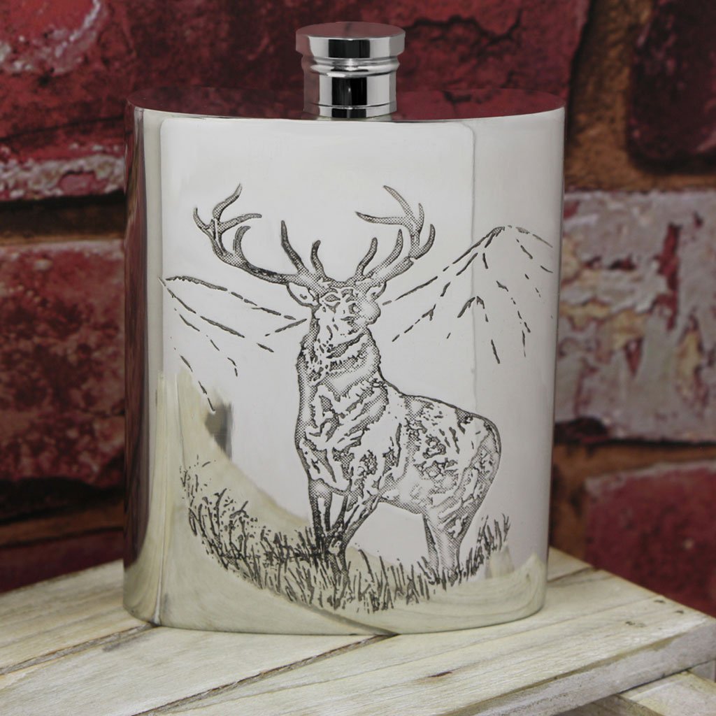 6oz Pewter Hip Flask with Highland Stag Design