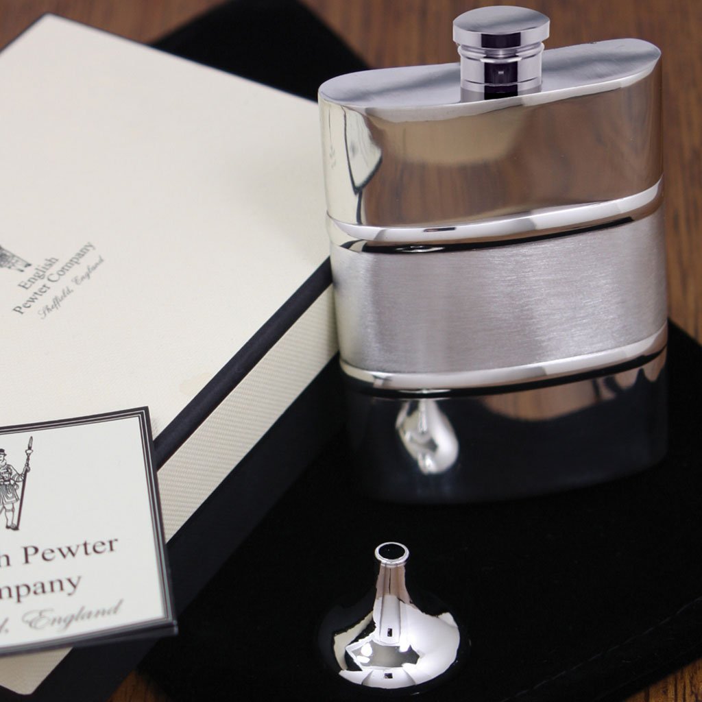 6oz Pewter Hip Flask with Satin Centre Band