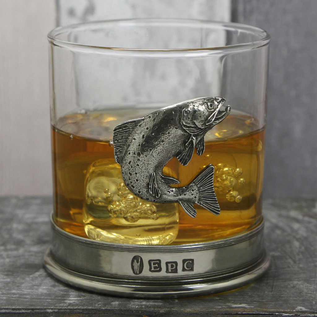 11oz Trout Fishing Pewter Whisky Glass Tumbler Set of 2