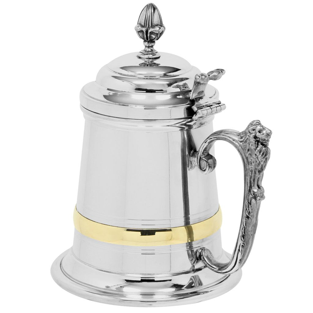 1 Pint Extra Heavy Pewter Beer Mug Tankard with Intricate Lion Handle & Lid