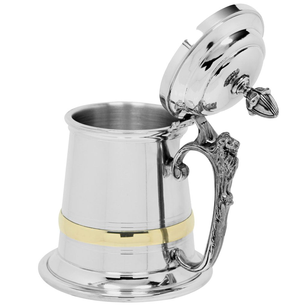 1 Pint Extra Heavy Pewter Beer Mug Tankard with Intricate Lion Handle & Lid