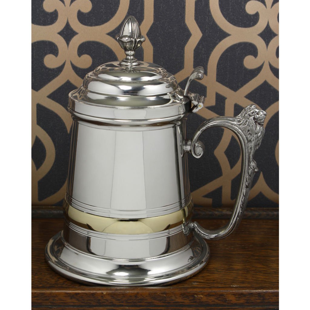 1 Pint Extra Heavy Pewter Beer Mug Tankard with Intricate Lion Handle & Lid
